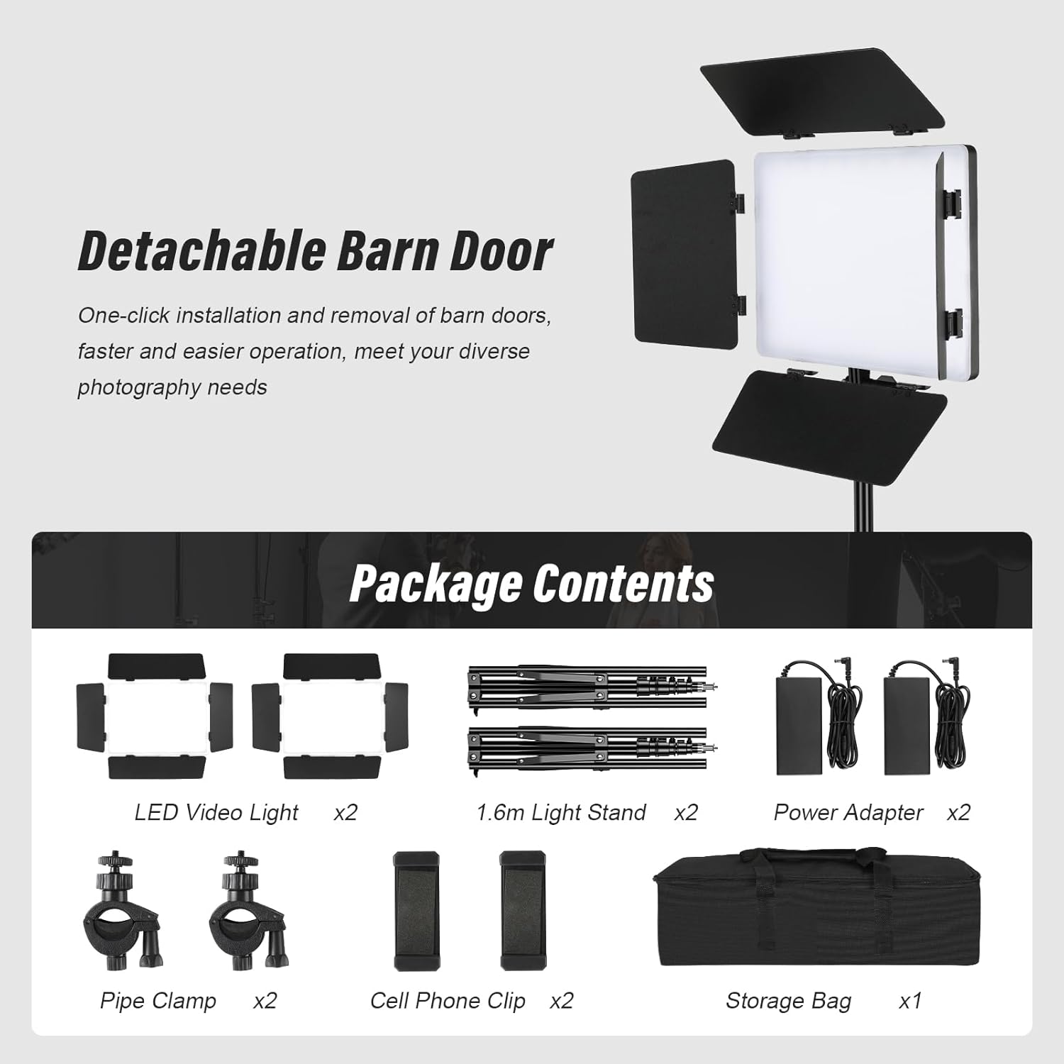 Fotobeleuchtung 2-Pack Bi LED Licht-Kit Beleuchtung Video Licht Panel Set mit Scheunentor 2500-6500  – Thumbnail 8